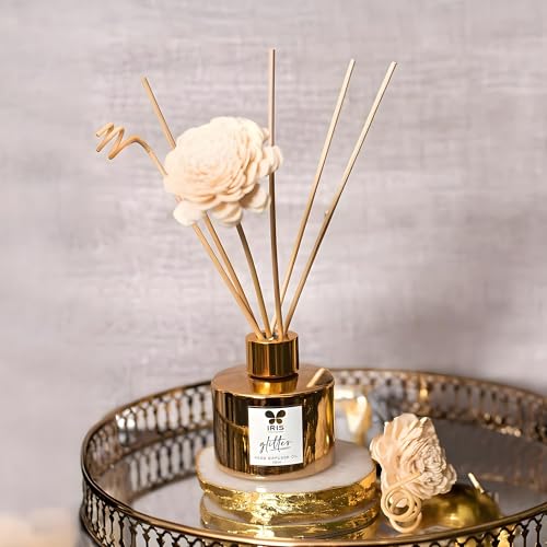 Image of IRIS Glass Glitter Reed Diffuser Set | 100ml Gold Musk Fragrance Oil with 6 Reed Sticks | Elegant Home Aroma Diffuser for Living Room, Bedroom & Gifting | Sparkling Glass Design