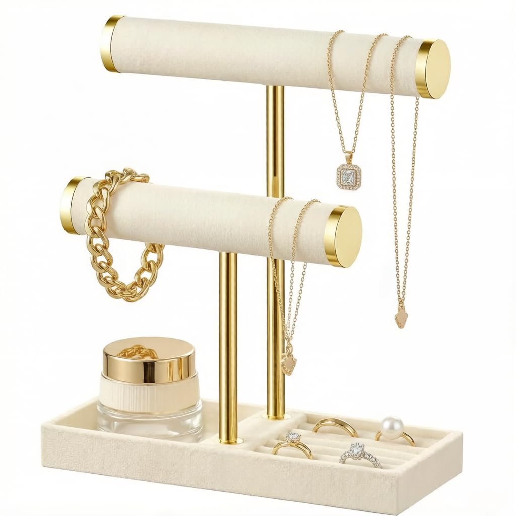 Xnqelerate Jewellery Stand with 2 Levels, Jewellery Storage, Removable T-Bar Jewellery Stand, Jewellery Organiser, Jewellery Organiser for Bracelet, Watches, Rings, Necklace (Beige)