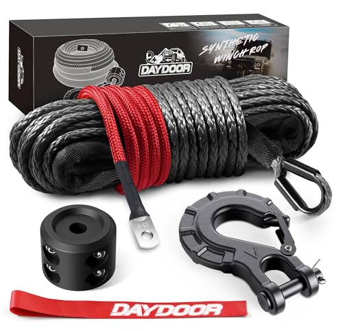 DAYDOOR Synthetic Winch Rope, 1/4 Inch x 50ft 10,000LBS Synthetic Winch Line, Winch Cable for Offroad Vehicle 4WD ATV UTV, Synthetic Rope with Forged Winch Hook and Rubber Stopper (Gray)