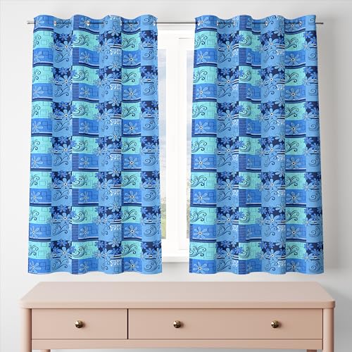 Image of 2 Pieces Floral Blue Panel Eyelet Polyester Window Curtains 5 Feet