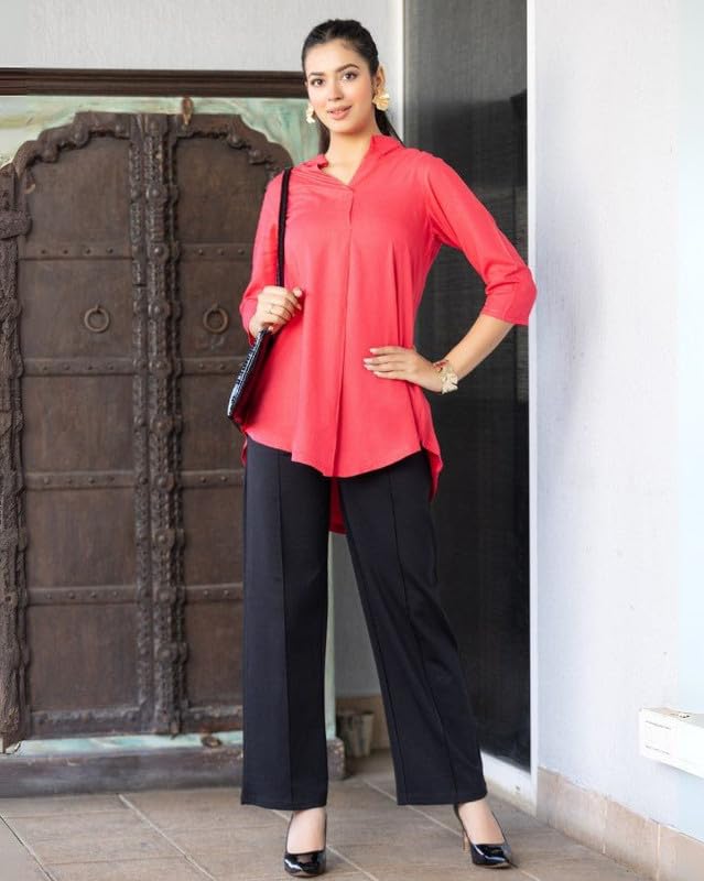 Image of Mlada Rayon Flare Top for Women | 3 /4th Sleeve Regular Fit and Flare Top | Women Office Tops Tunic | Western Long Shirt Top for Women | Shirt Collar Top for Women | Rayon Tunic Tops for Women Western