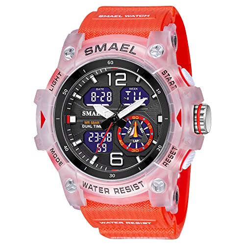 AIMES Military Watches for Men Outdoor Sports Digital Watch Tactical Army Wristwatch LED Stopwatch Waterproof Military Watches for Men (C-Transparent red)