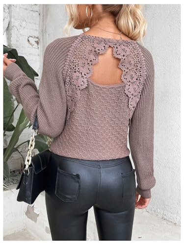 GORGLITTER Women's Lace Open Back Sweater Tops Long Sleeve V Neck Cut Out Knit Top Backless Fall Sweater Dressy Casual3
