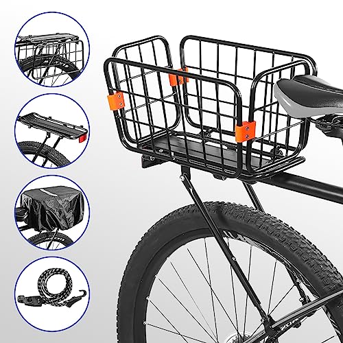Rear Bike Rack with Basket for Bicycles, 165 lbs Load & 4 gal Capacity, Aluminum Alloy Back Mountain Bike Cargo Rack with Bungee Cord & Waterproof Cover & Installation Tool