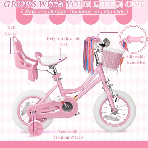 Image of Glaf Toddler Girls Bike for Age 2-12 Years Old | 12 14 16 20 Inch Kids Bike Girls Bicycle with Training Wheels,Basket,Doll Seat,Princess Style Kids Bicycle Gift