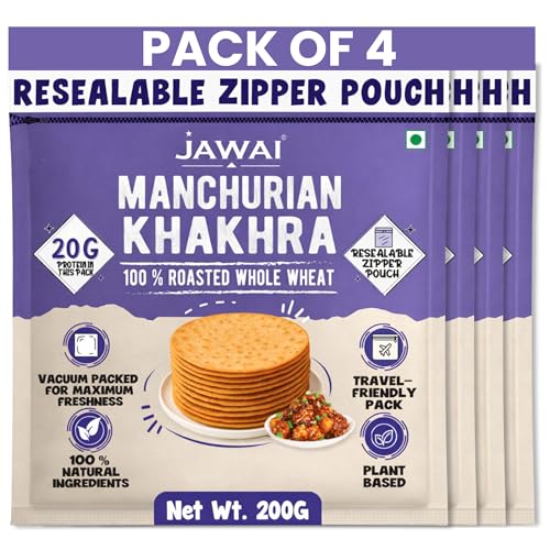 Image of JAWAI ROASTED WHOLE WHEAT Manchurian KHAKHRA COMBO KHAKRA- High Protein Healthy Snack, Diet-Friendly, Tea Time Snacks, Vacuum Packed Indian Snacks Pack of 4-200 Grams Each