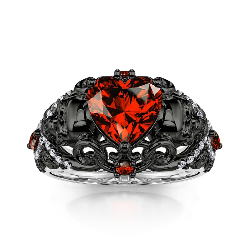 Jeulia Halloween Skull Schwarz Ring Rot Herzschliff Schädel Silberring Gothic Rundschliff Totenkopfring mit Marquise Stein Fingerring Modern Skelett Ringe für Damen Herren Geschenk