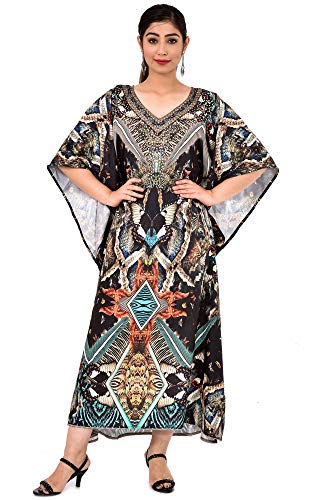 ANJANIYA Kimono Maxi Dress Floral Long Kaftan Plus Size Caftan Gown Nightdress Kimono Women (Black)