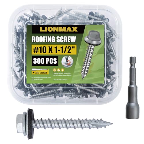 LIONMAX Metal Roofing Screws #10 × 1-1/2 Inch, 300-PCS, Rustpert Coating Hex Head Sheet Metal to...