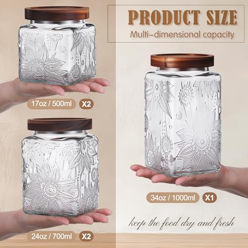 Image of Suclain 5 Pcs Sunflower Vintage Glass Jars Airtight Lid 17 /24 /34 oz,Square
