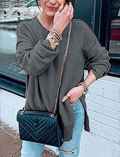 Merokeety Women's Casual Crew Neck Side Split Pullover Sweater Loose Long Sleeve Jumper Top, Darkgrey, M #TOP2