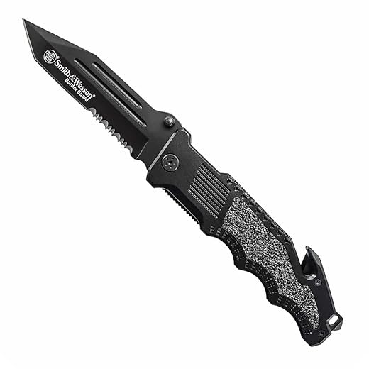 Smith & Wesson Border Guard SWBG2TS 10in High Carbon S.S. Folding Knife with 4.4in Serrated Tanto Blade and Aluminum Handle for Tactical, Survival and EDC , Black