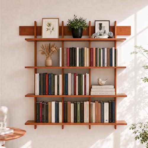 Lauxery 4-Tier Bamboo Wall Mounted Bookshelf, Rustic Brown, 43.3x45.7 in