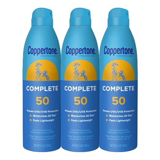Coppertone Complete Sunscreen Spray SPF 50, Spray Sunscreen for Body, Lightweight, Water Resistant, 5.5 Oz, Pack of 3