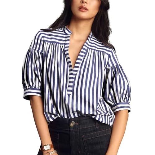 Women Puff Short Sleeve Blouse Trendy Striped V Neck Shirt Summer Business Casual Outfit Cute Babydoll Boho Loose Tops
