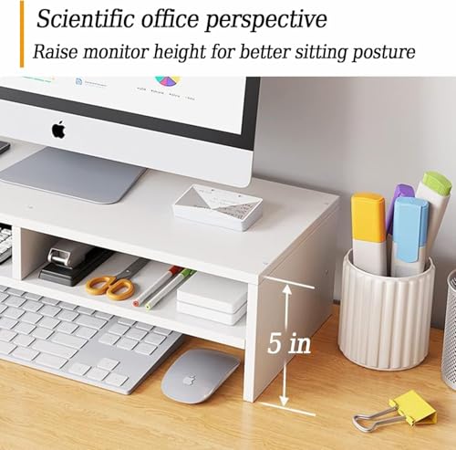 Image of Wooden Monitor Stand Riser with Storage Compartment and Lockable Storage Drawer Stand | Adjustable Desktop Organizer for Computer, Flax, Laptop & Printer (Monitor Stand (white) 6 Box)