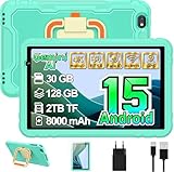 Android 15 10 pollici Tablet bambini con Gemini AI, 30GB RAM+128GB ROM, Controllo Parentale, 8000 mAh, Octa-Core, 5MP+8MP con 5G Wifi6, Custodia protettiva EVA antiurto + Staffa girevole a 360°(Verde)