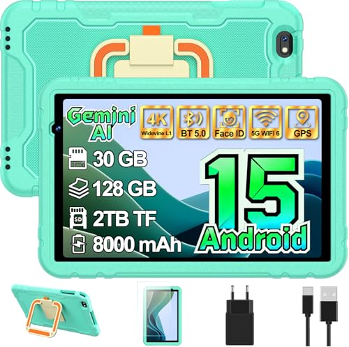 Android 15 Niños Tablet 10 Pulgadas Gemini AI, 30GB RAM+128GB ROM, Control Parental, 8000 mAh, 8-Core, 5MP+8MP, 5G Wifi6, Protective Antichoque Eva Estuche Protector + Soporte giratorio de 360°(Verde)