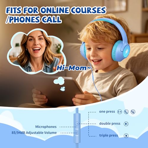 Image of USB C Headphones Wired for Kids, 85 /94dB Volume Limit With Mic, Light Blue | Kid Headphones for School, Wired Over Ear USBC Plug in Corded Headphones for Boys Girl Toddler, iPad, Tablet, Airplane Travel