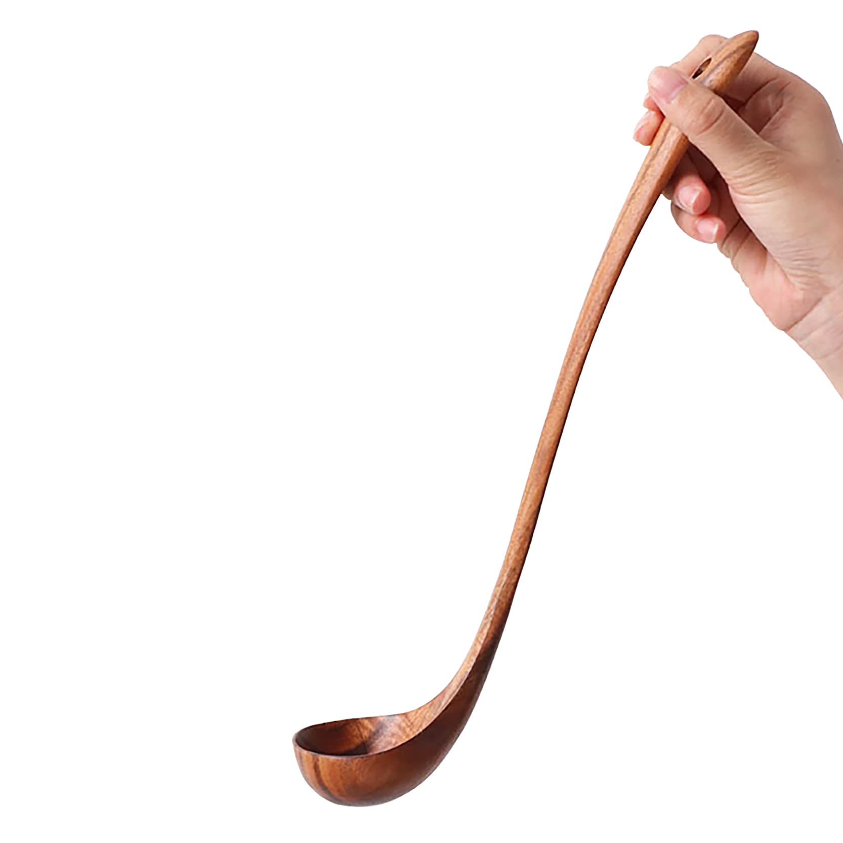 UPTALY 12.6 inch Extended Handle Wooden Soup Ladle, No Paint Applied, 100% Natural Teak Wood Laddle, Handmade Round Soup Spoons Set, Japanese Ladles with Long Handle, for Non-Stick Cookware