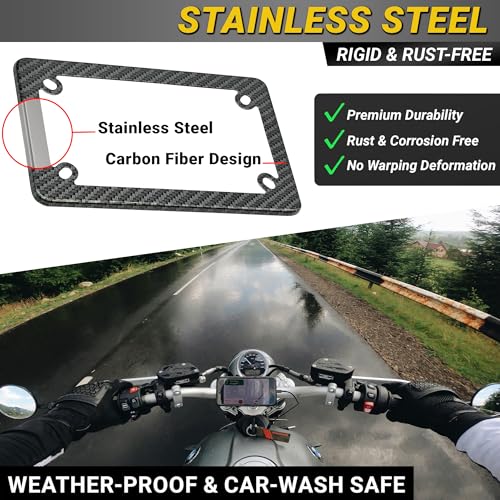 Image of Premium Motorcycle Carbon Fiber Design License Plate Frame, Rust-Free Stainless Steel, Rattle-Free & Street Legal, Universal Fit Tag Holder for Harley Davidson, Bike & Scooter, Porta Placa para Moto