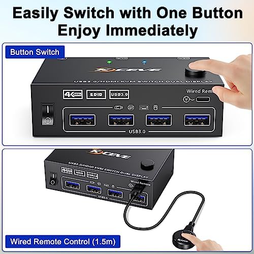 USB 3.0 HDMI KVM Switch 2 PC 2 monitory 4K 60 Hz 2K 144 Hz, symulacja EDID, MLEEDA 2 PC 2 Monitor Switch z 4 portami USB 3.0 do klawiatury, myszy, kabla zdalnego sterowania i kabla w zestawie
