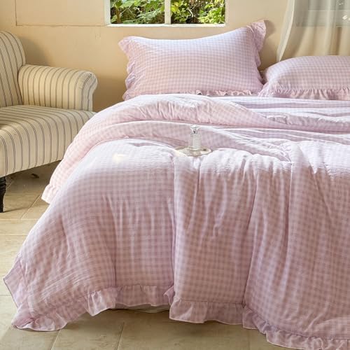 Image of NSNLGSGC Pink Ruffle Gingham Comforter Set King, Pre-Washed Ruffled Plaid Checked Comforter Bedding, 3 Pieces Vintage Farmhouse Grid Bedding Set(Pink Gingham, King)