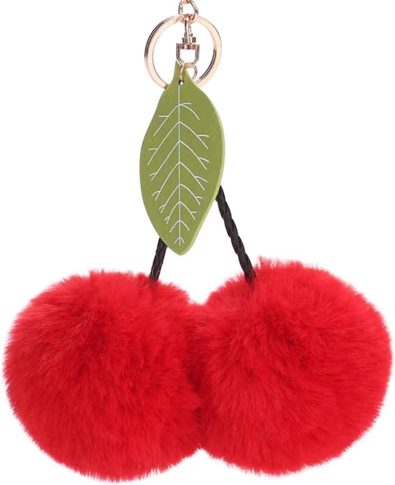 FunbaseSweet Plush Cherry Pompom Ball Backpack Pendant Keychain Key Ring Keyfobs Gift