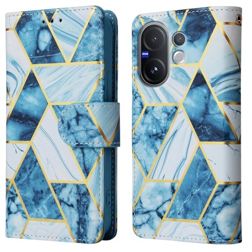 Image of ClickCase for vivo V60e 5G Marble Series Faux Leather Back Case Card Holder Wallet with Magnetic Closure Flip Cover for vivo V60e 5G (Marble Blue)