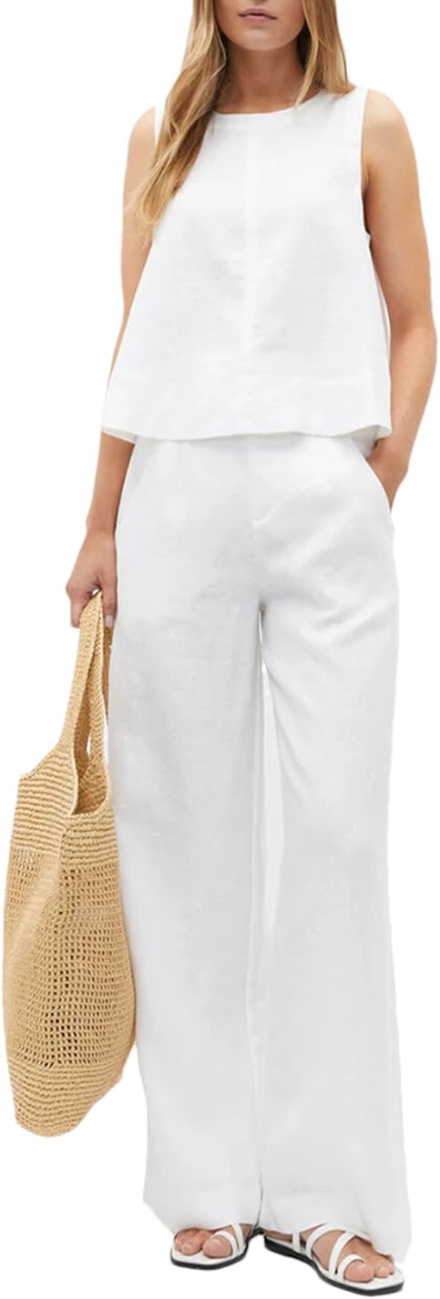 Women's Summer Loose Cotton Two Pieces Set Sleeveless Tank Top with High Waist Wide Pants Set