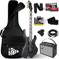 HEAVY METAL FLAME STYLE: This full-size electric guitar features 1 volume knob, 1 tone knob, a classic tremolo bridge, chrome hardware, a 21-fret neck, and a glossy black finish, perfect for styles like rock and metal. MATTE BLACK HARDWARE: Made with...