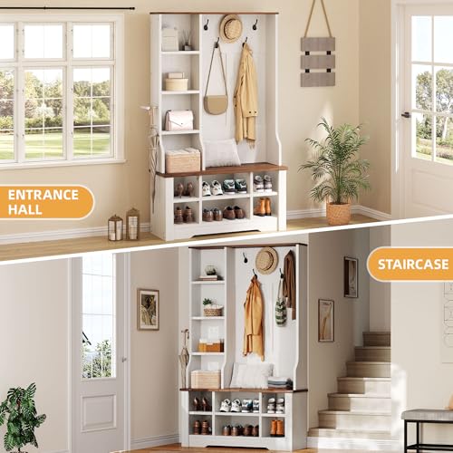 DWVO 39" Hall Tree with Bench and Shoe Storage, 6 Shoe Cubbies & 5 Coat Hooks, 4 Side Storage Cubbies, Entryway Bench with Coat Rack for Entryway Hallway Bedroom Narrow, Adjustable Shelf (White)