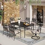 MFSTUDIO 7 Pieces Outdoor Patio Dining Set for 6 with 1 Steel Frame Slat Larger Rectangular Fretwork Table and 4 Chairs, 2 Swivel Chairs,1.7" Umbrella Hole, Black