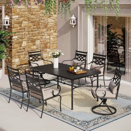 MFSTUDIO 7 Pieces Outdoor Patio Dining Set for 6 with 1 Steel Frame Slat Larger Rectangular Fretwork Table and 4 Chairs, 2 Swivel Chairs,1.7" Umbrella Hole, Black