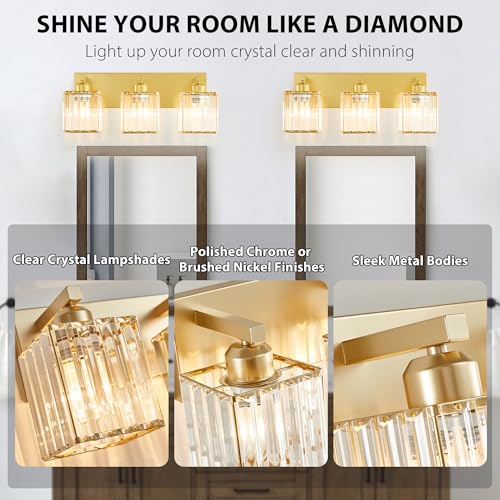 Image of Bathroom Vanity Light Fixtures Over Mirror - Makeup Lighting Pure Gold - for Modern Wall, Bath, Desk, Farmhouse, Hallway 3 Crystal Lights