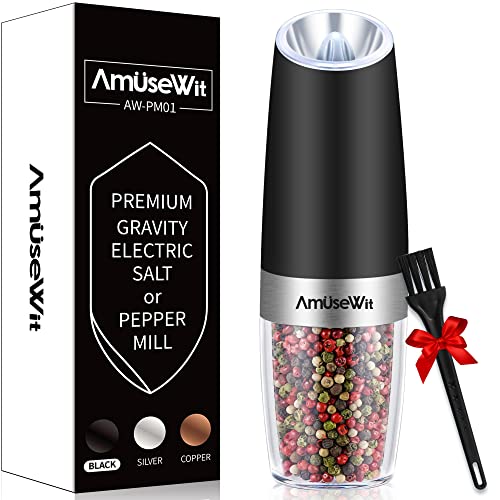 Gravity Electric Pepper Grinder Or Salt Grinder Mill【White Light】- Battery Operated Automatic Pepper Mill With Light, Adjustable Coarseness, One Handed Operation, Cleaning Brush, Black By Amusewit #TOP30