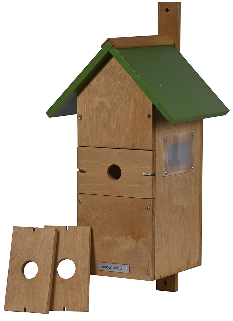 dobar® Großer Nistkasten Spitzdach aus Holz - Nisthilfe mit austauschbaren Einfluglöchern -Nistkasten zum Aufhängen - 25,5 x 22,5 x 53 cm - Grün-Braun