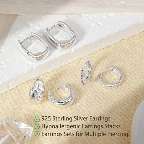 DAILI Hypoallergenic Sterling Silver Hoop Earrings Set | 3 Pairs Chunky Gold Huggies with Cubic Zirconia for Women - Lightweight & Versatile Designs for Multiple Piercings - Image 6