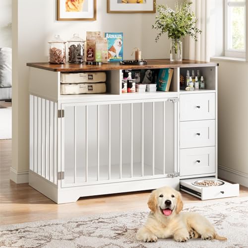 48'' Dog Crate Furniture, Farmhouse Dog Kennel Furniture with Dog Bowl & Storage Drawers, Heavy Duty Dog Cage End Table for Medium Small Dogs, White