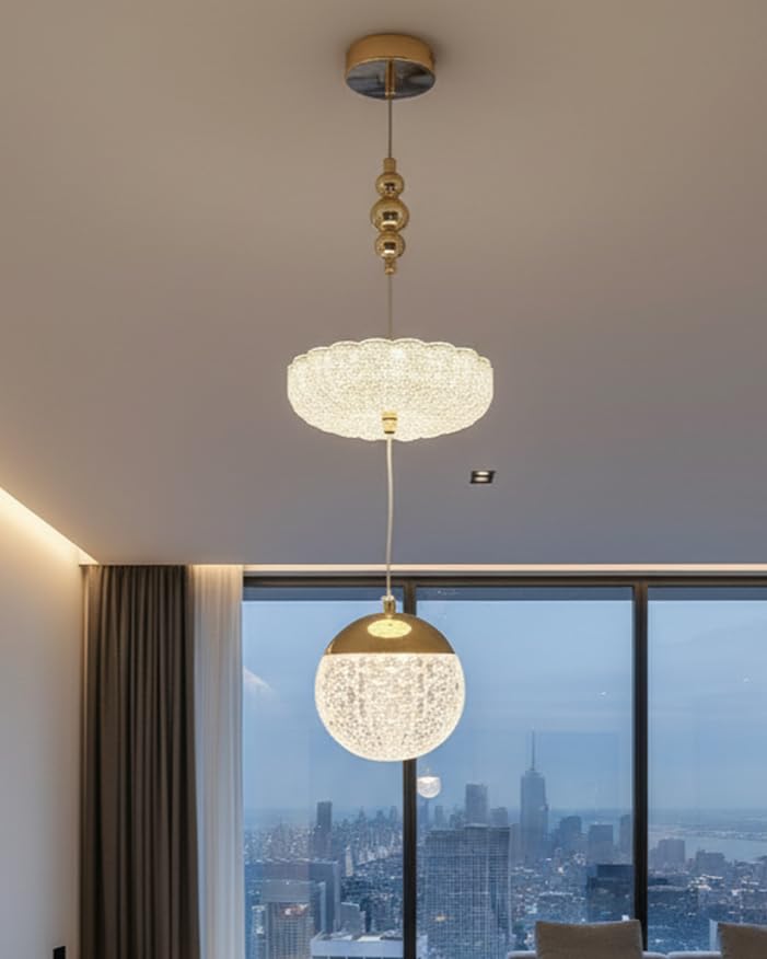 Image of Modern Adjustable Crystal Pendant Light with Gold Accents, 3D Glass Ball & Ceiling Plate, LED Hanging Lamp for Living Room, Bedroom, Dining - Stylish & Elegant Design