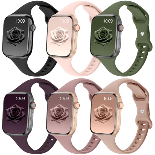 Image of 6 Pack Thin Slim Soft Silicone Bands Compatible with Apple Watch Women Men | 38mm 40mm 41mm 42mm 44mm 45mm 46mm 49mm, Waterproof Lightweight Strap for iWatch Series 11 /10 /9 /8 /7 /6 /5 /4 /3 /2 /1 SE Ultra