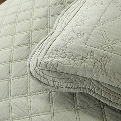 Vctops 100% Cotton Floral Embroidered Quilt Set 3-Piece Oversize Queen Size Reversible Diamond Pattern Quilted Bedspread Coverlet Bed Cover (Oversize Queen,Green) #TOP5