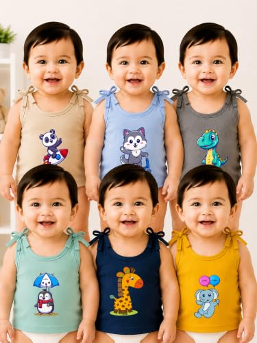 Image of Kidbee Baby Cotton Hosiery Tie-Up Jabla Pack of 6 | Soft Sleeveless Tank Tops & Baby Vests for Newborn Infants, Boys & Girls