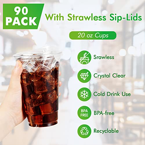 [90 PACK] 20 oz Clear Plastic Cups With Strawless Sip Lids, Disposable Plastic Cups With Sip Through Lids for Ice Coffee, Smoothie, Slurpee, or Any Cold Drinks - Thumbnail 4