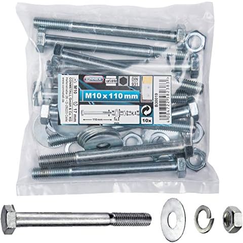 Connex Sechskantschrauben M10 x 110 mm - 10 Stück - Außensechskant-Antrieb - Verzinkt - Für sämtliche Konstruktionen - Inkl. Unterlegscheiben, Federringe & Muttern / Schrauben-Sortiment / B30019 Cover