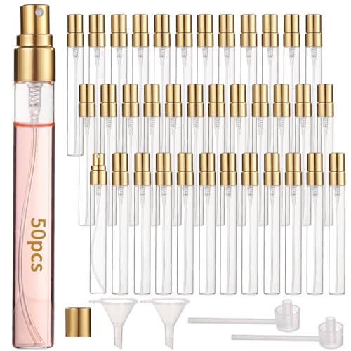 50 Pcs 10 ml Perfume Bottles - Refillable Glass Mini Spray Bottles, Portable Travel Sample Containers, Fine Mist Atomizers with Caps, Includes 2 Funnels and 2 Dispensers, Ideal for Liquids