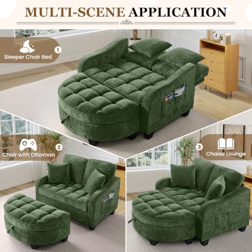 Image of Oversized Chair and A Half, Chenille Tufting Accent Cozy Reading Sofa Chair with Storage Ottoman, Upholstered Loveseat Chaise Lounge Sofa with Adjustable Back for Living Room, Office, Sunroom, Green