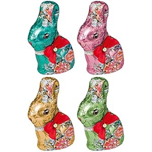 Reber paashaas 4 hazen in rood, roze, blauw en groen – paasgeschenk – chocoladefiguren in lentelook als cadeau voor Pasen – 4 x 110 g
