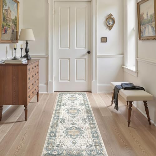 EIEIHOUSE Washable 2x6 Runner Rug - Area Rugs Neutral Vintage Distressed Floral Farmhouse Boho Large Soft Floor Rug Indoor Carpet for Hallway Entryway Bedroom Kitchen - Green/Grey — view 6