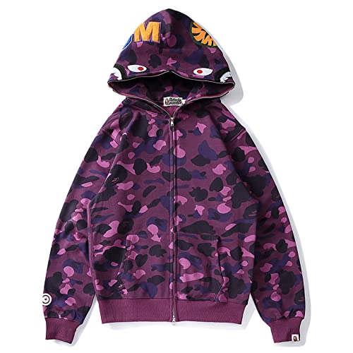Surbieibg Shark Full Zip Up Hoodie, Purple Camo,Purple - Image 3